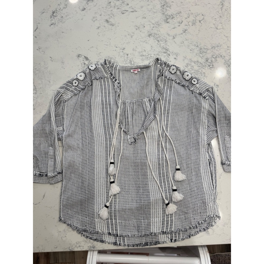 Johnny Was Womens Small Embroidered Tassel Peasant Blouse Black White Stripe